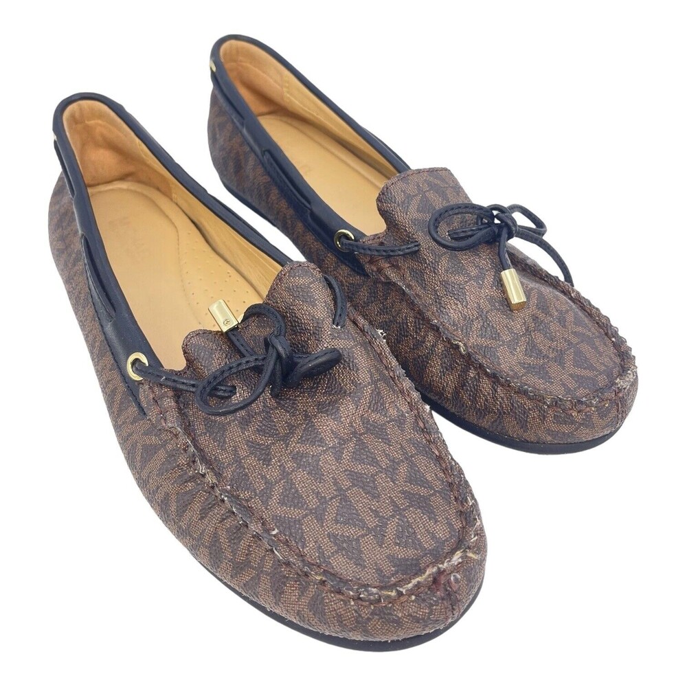 Michael Kors Womens Brown Gold Tan Moccasins Shoes Size 7 M Signature Logo ME19F
